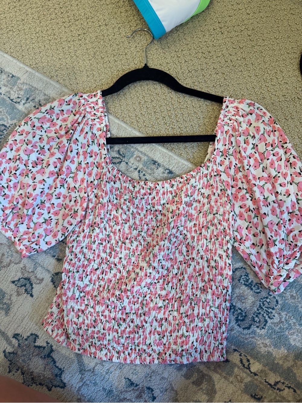 Sophie Rue Pink and White Floral Smocked Puff-Sleeve Top